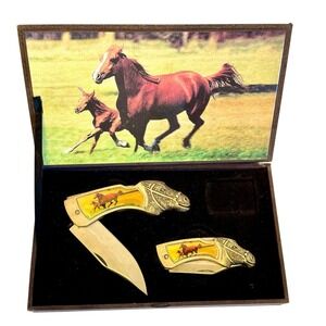Vintage Western‎ Horse Themed Collector Knife Set w/ Case